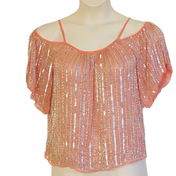 Parker Border Cold Shoulder Beads Sequins Embellished Marmalade Blouse Sz XS - Picture 2 of 8